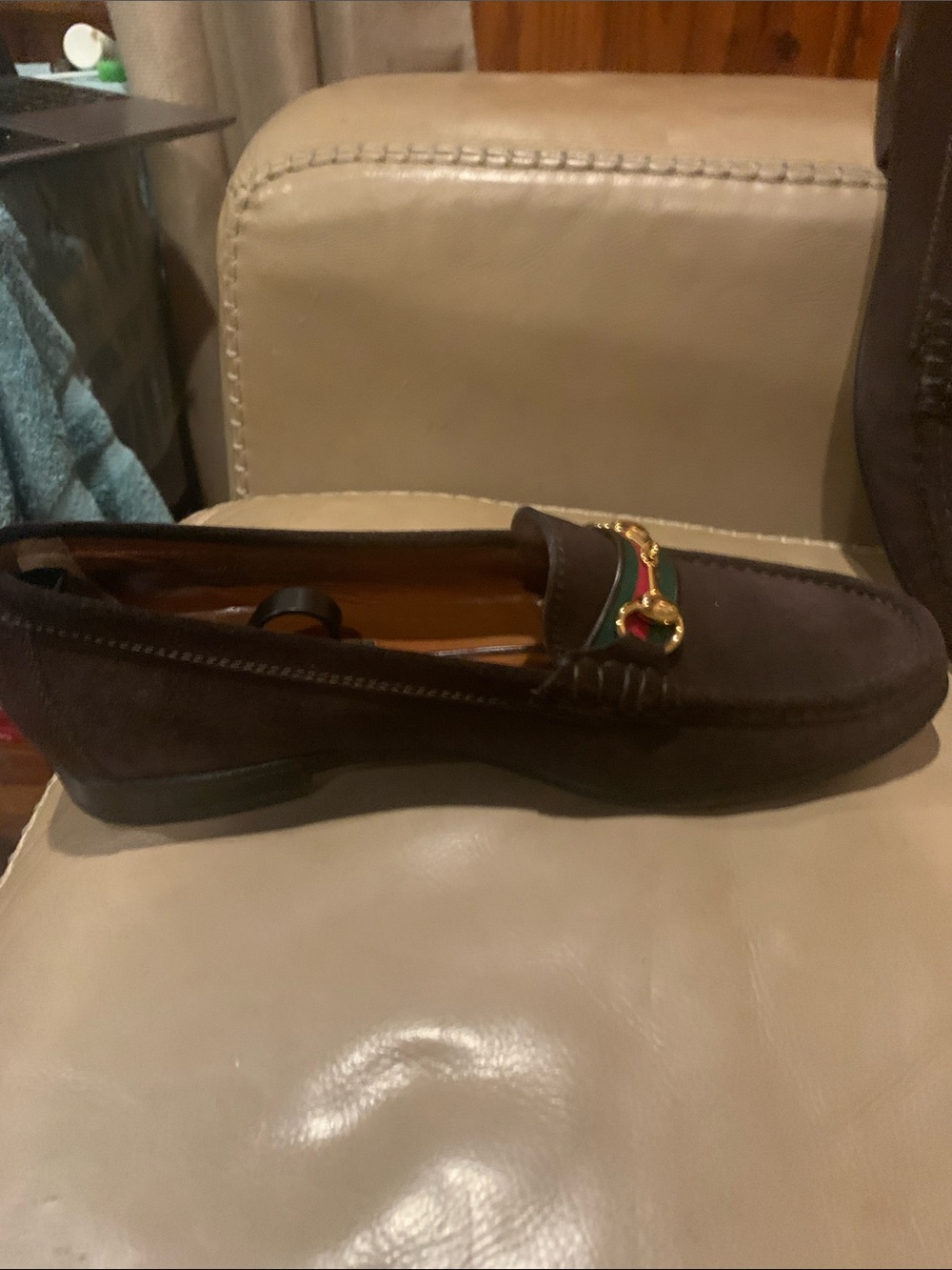 Gucci Dark Brown Suede Horsebit Loafers with Red & Green Web. Like New - Picture 4 of 8